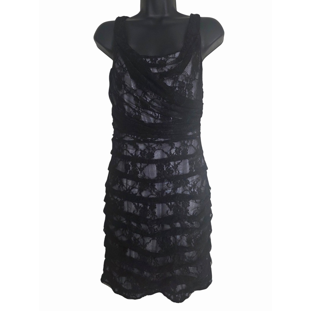 Express Black Lace Tiered Ruffle Cocktail Dress Sz 6 Sleeveless Lilac Lining C10